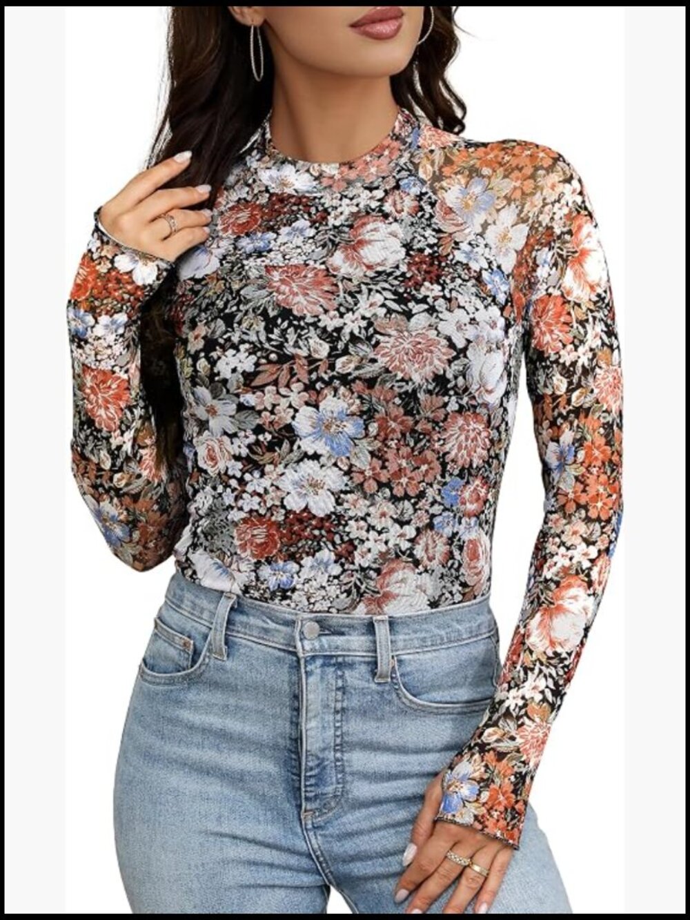 Lace Mesh Long Sleeve Mock Neck Tunic Top - Sheer Going Out Blouse